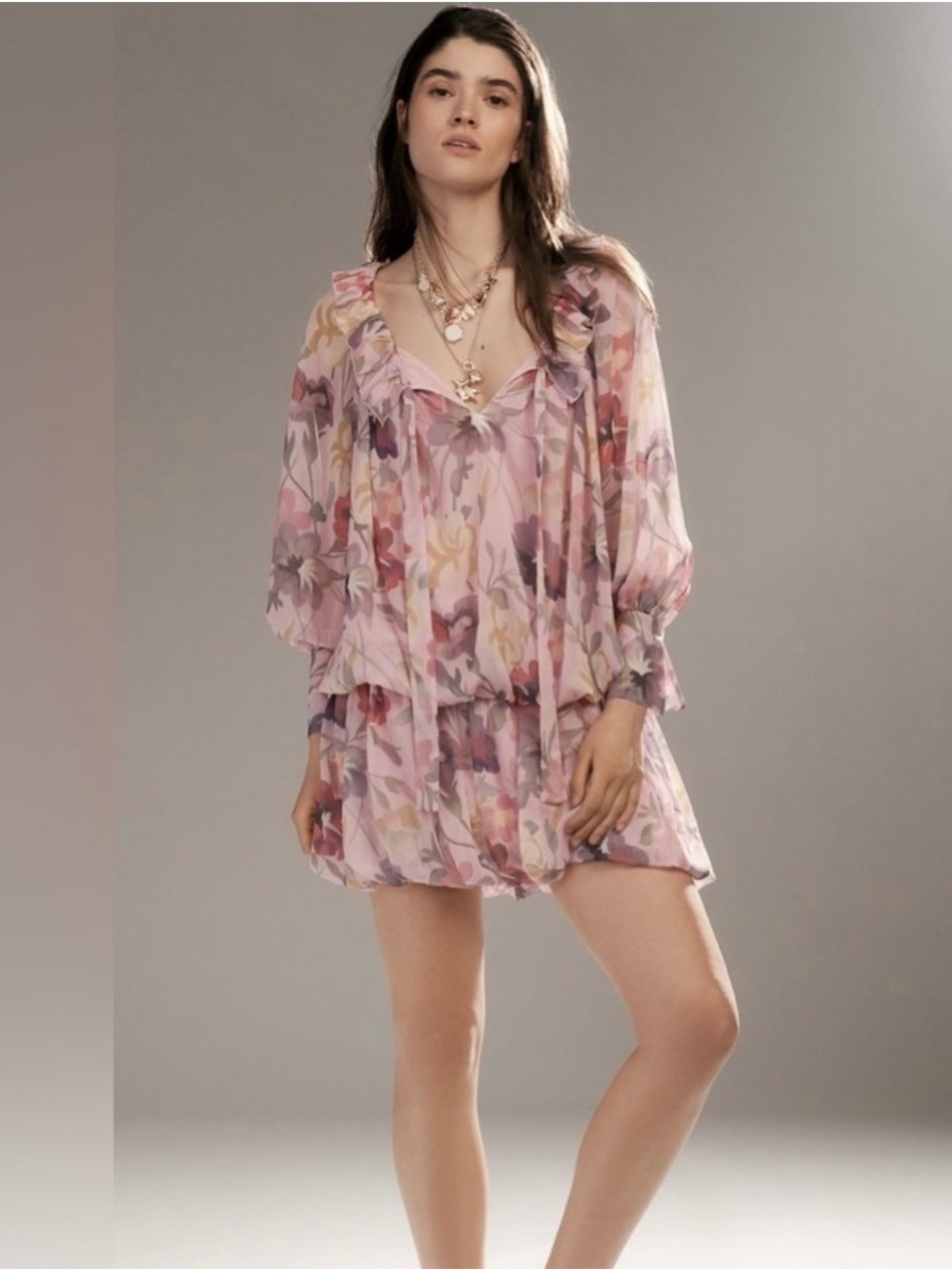Mare Mare Lavender Floral Ruffle-Neck Long Sleeve Dress